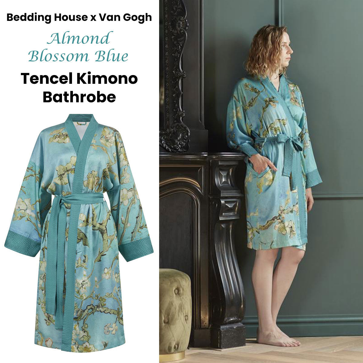 Bedding House Van Gogh Almond Blossom Blue Kimono Bath Robe featuring a vibrant turquoise background with almond blossom branches.