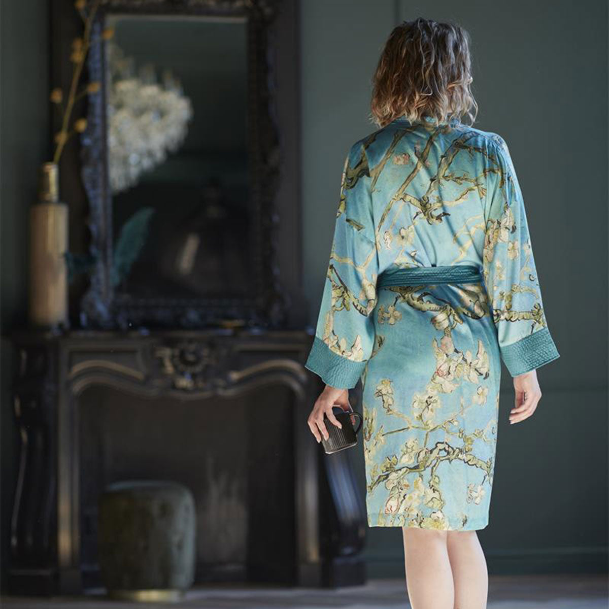 Bedding House Van Gogh Almond Blossom Blue Kimono Bath Robe featuring a vibrant turquoise background with almond blossom branches.