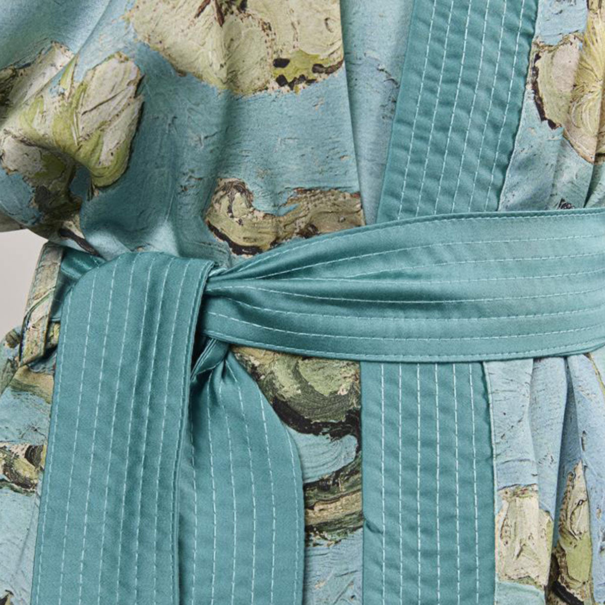 Bedding House Van Gogh Almond Blossom Blue Kimono Bath Robe featuring a vibrant turquoise background with almond blossom branches.