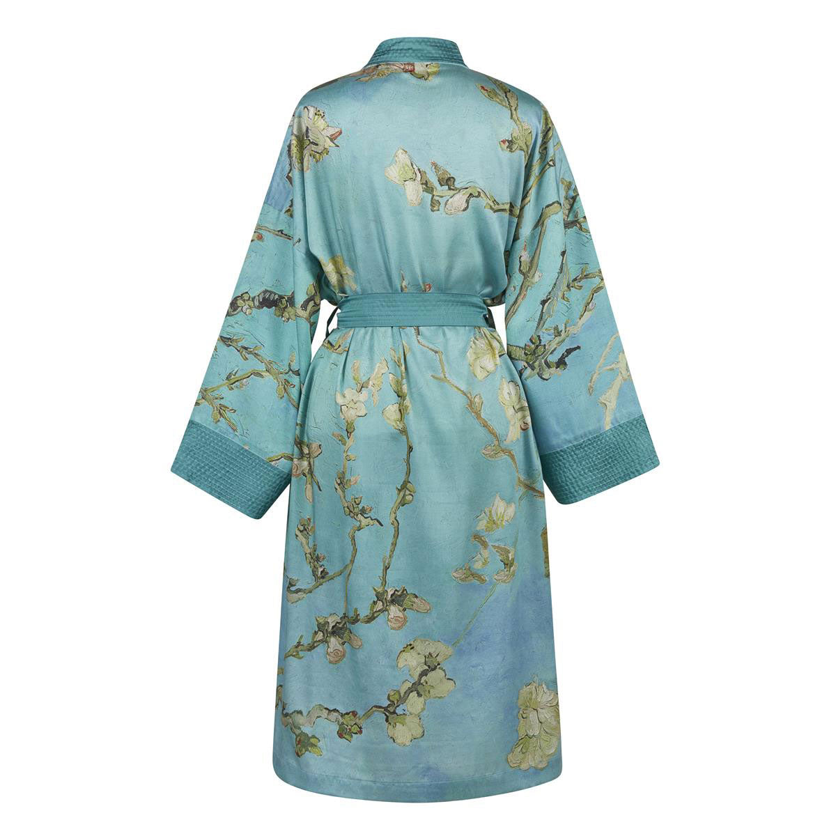 Bedding House Van Gogh Almond Blossom Blue Kimono Bath Robe featuring a vibrant turquoise background with almond blossom branches.