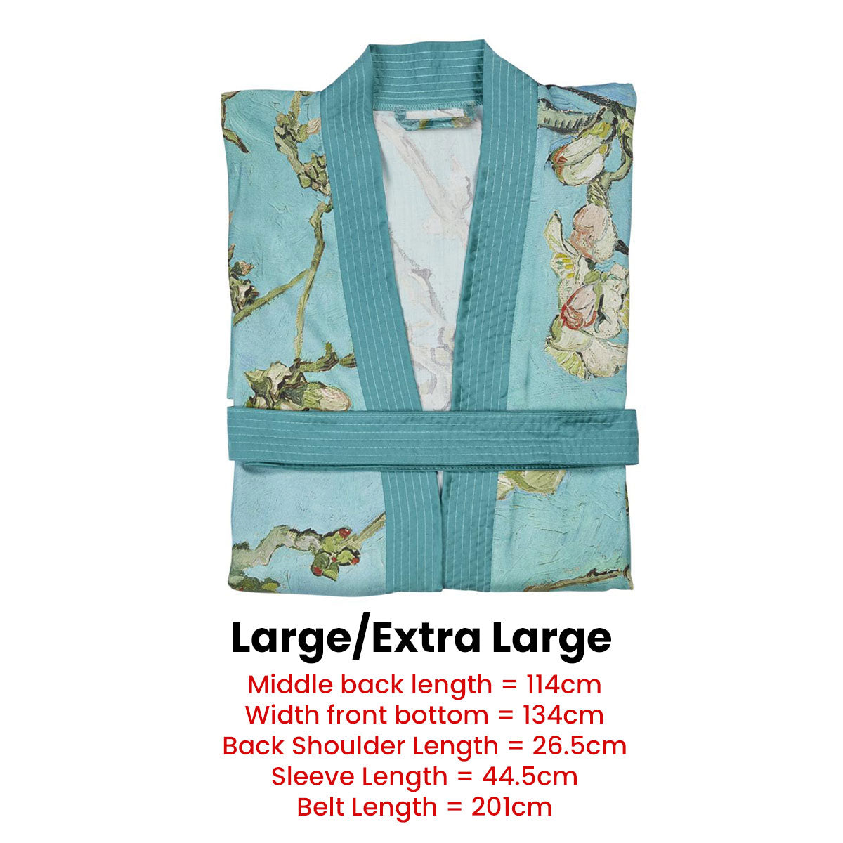 Bedding House Van Gogh Almond Blossom Blue Kimono Bath Robe featuring a vibrant turquoise background with almond blossom branches.