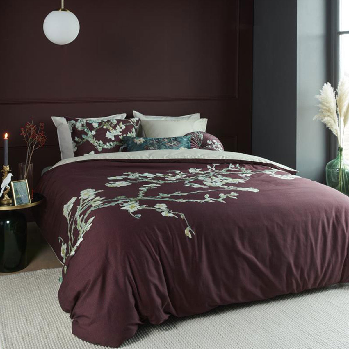 Bedding House Van Gogh Blossom Dark Red Cotton Quilt Cover Set featuring floral design on grey background.