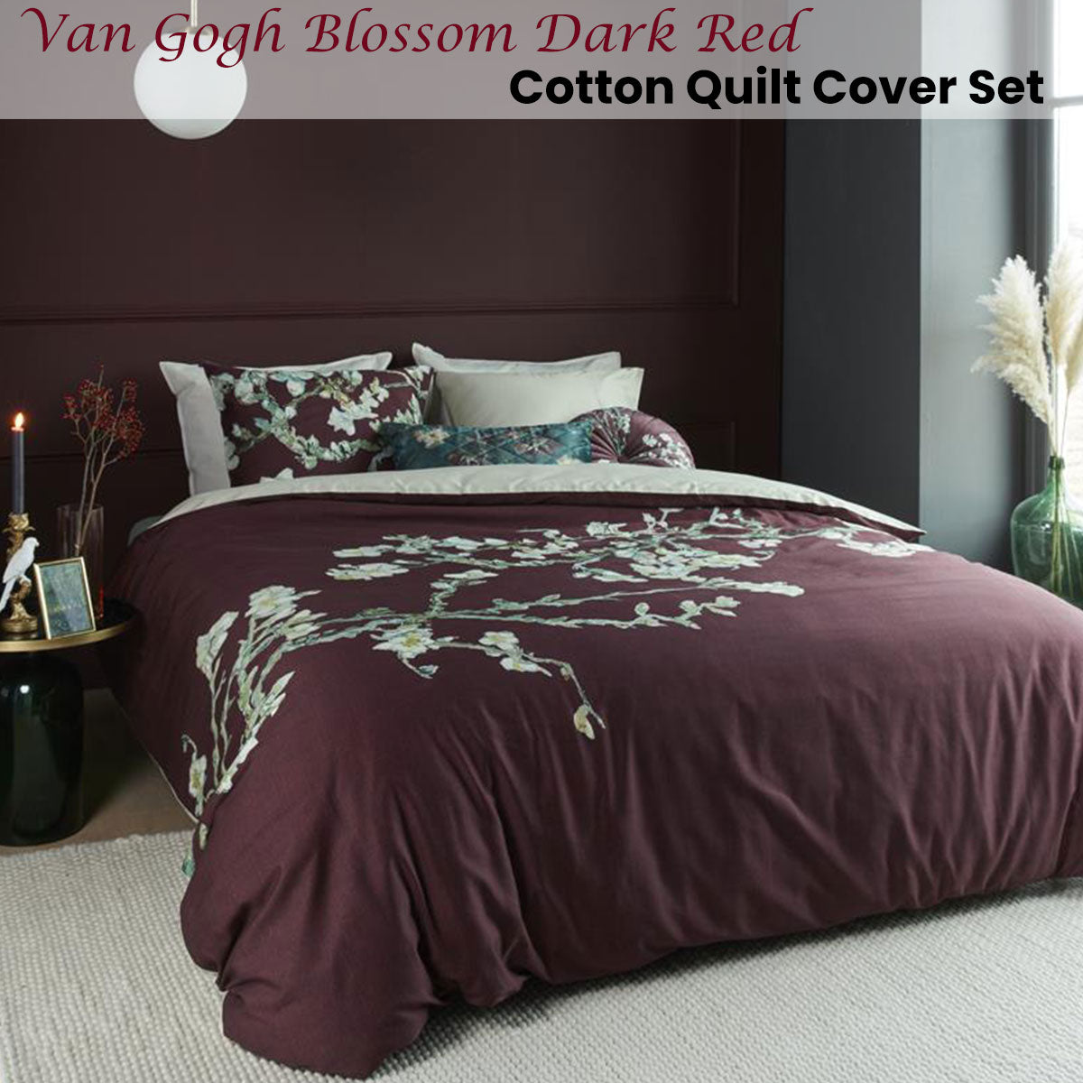 Bedding House Van Gogh Blossom Dark Red Cotton Quilt Cover Set featuring floral design on grey background.