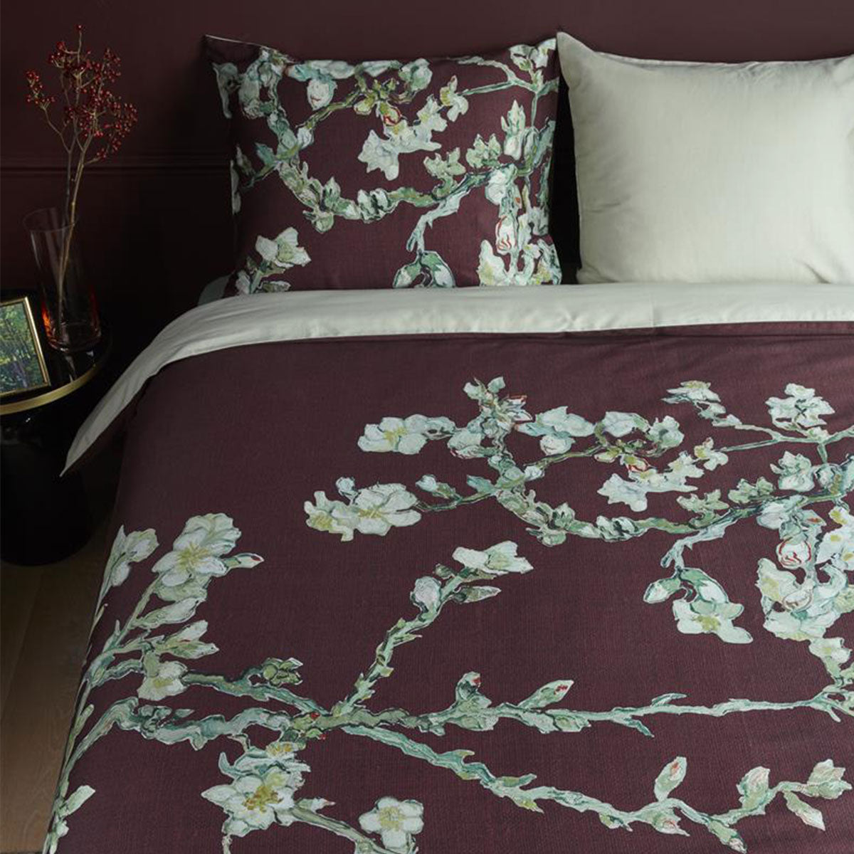 Bedding House Van Gogh Blossom Dark Red Cotton Quilt Cover Set featuring floral design on grey background.