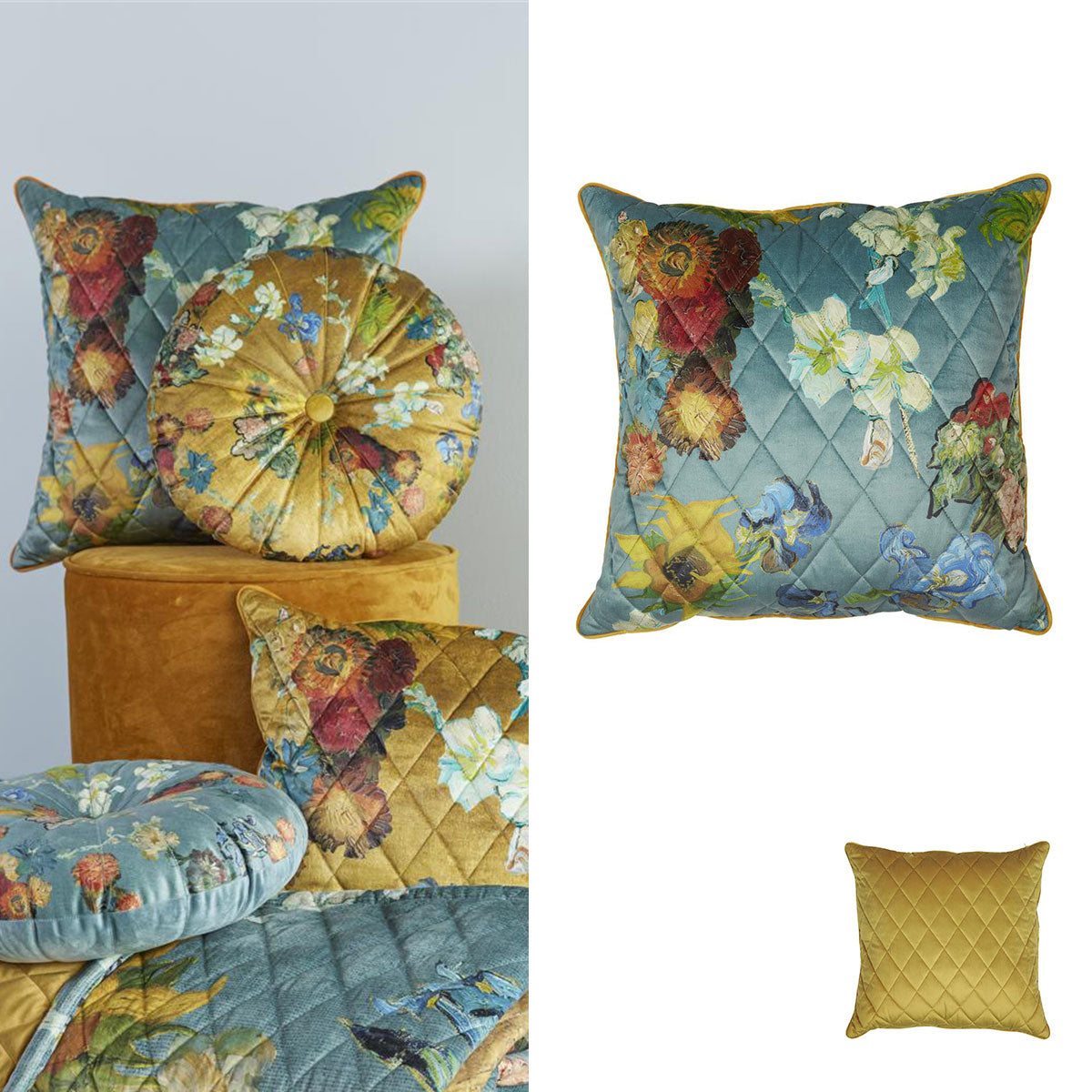 Van Gogh Carre Fleuri Green Square Filled Cushion featuring floral design on grey-green background with gold piping.