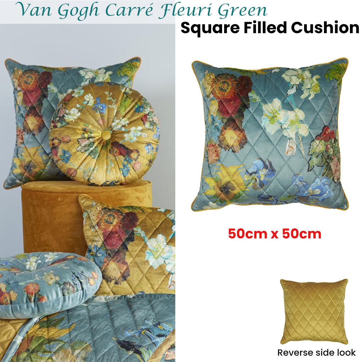 Van Gogh Carre Fleuri Green Square Filled Cushion featuring floral design on grey-green background with gold piping.