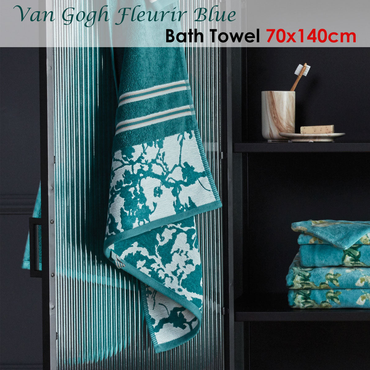 Bedding House Van Gogh Fleurir Blue Bath Towel featuring floral print design in blue, teal, green, cream, and off-white colors.