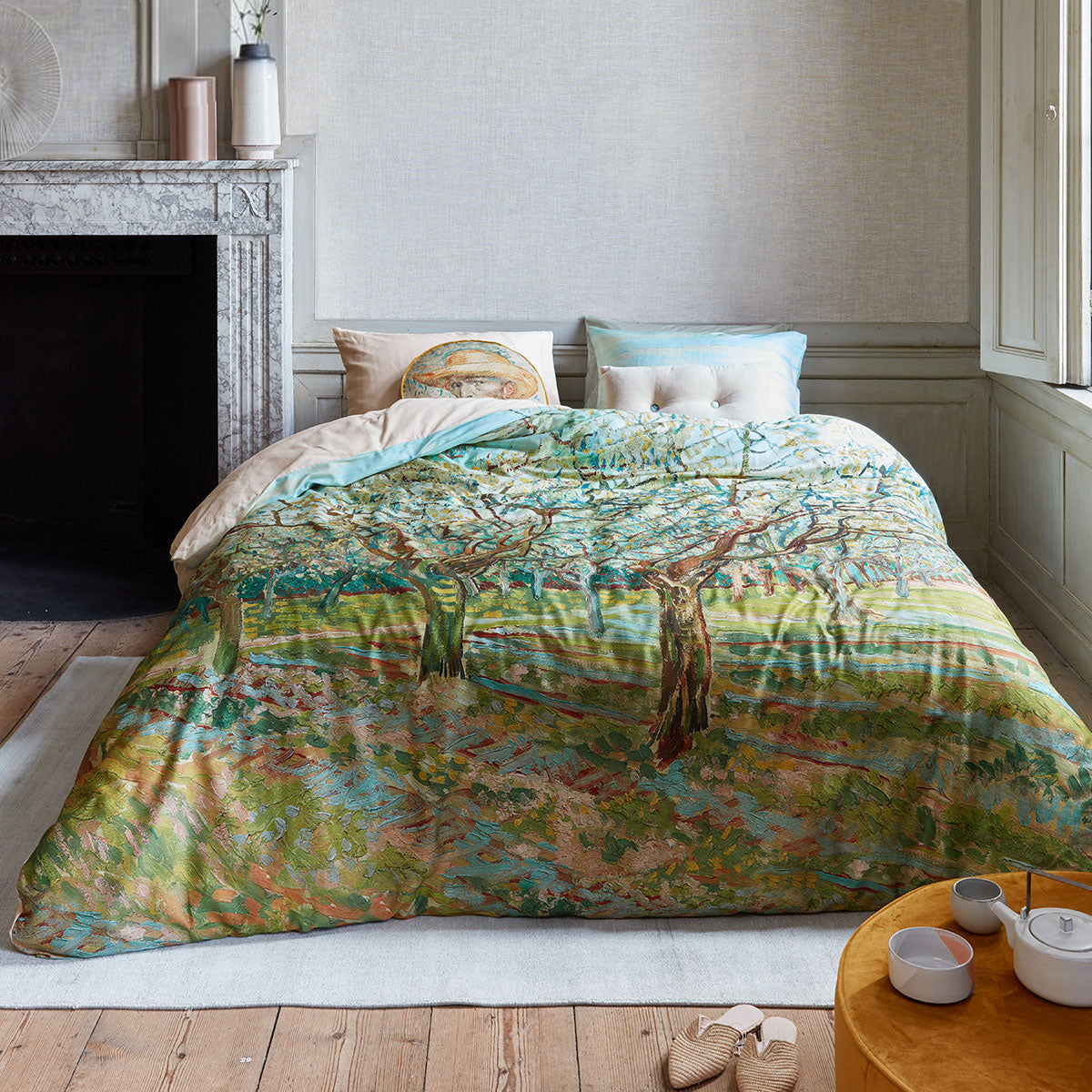 Bedding House Van Gogh Orchard Natural Cotton Sateen Quilt Cover Set featuring vibrant orchard print in multiple colors.