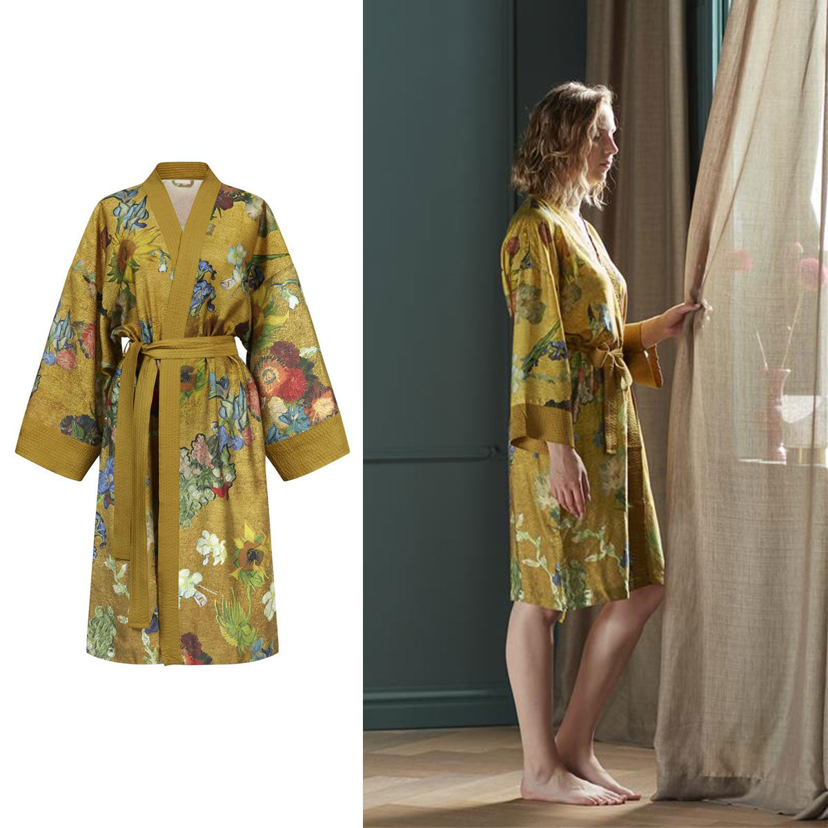 Bedding House Van Gogh Partout des Fleurs Gold Kimono Bath Robe featuring a floral design on a golden background, showcasing Van Gogh's artistry.