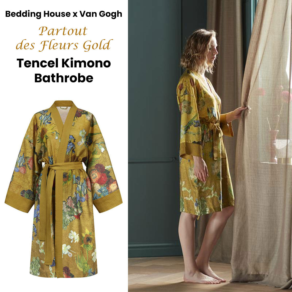 Bedding House Van Gogh Partout des Fleurs Gold Kimono Bath Robe featuring a floral design on a golden background, showcasing Van Gogh's artistry.