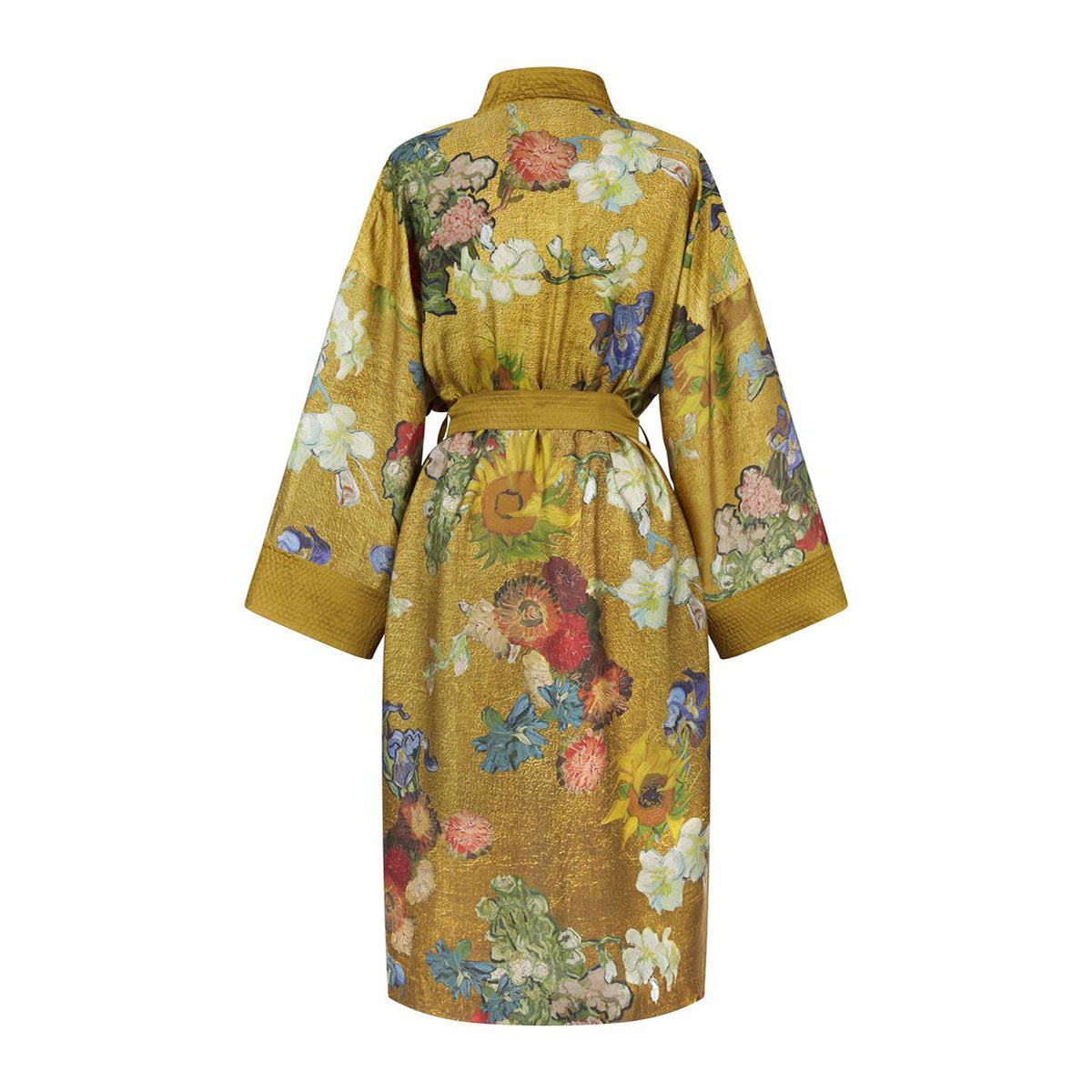 Bedding House Van Gogh Partout des Fleurs Gold Kimono Bath Robe featuring a floral design on a golden background, showcasing Van Gogh's artistry.