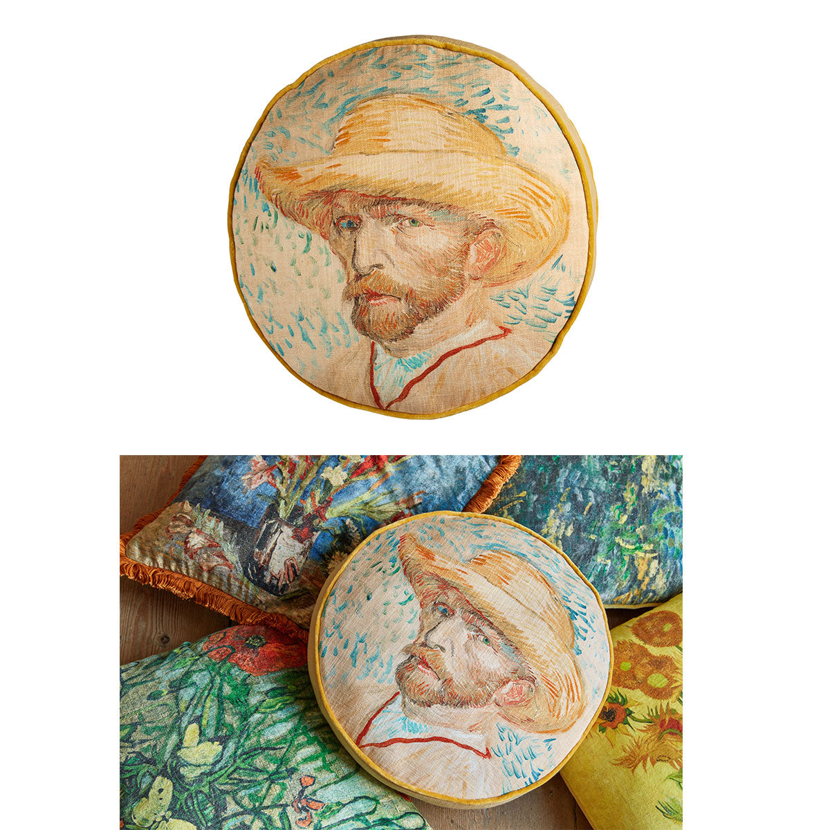 Bedding House Van Gogh Self Portrait Round Cushion featuring a digital print of Van Gogh's self-portrait with pastel tones and velvet cord piping.