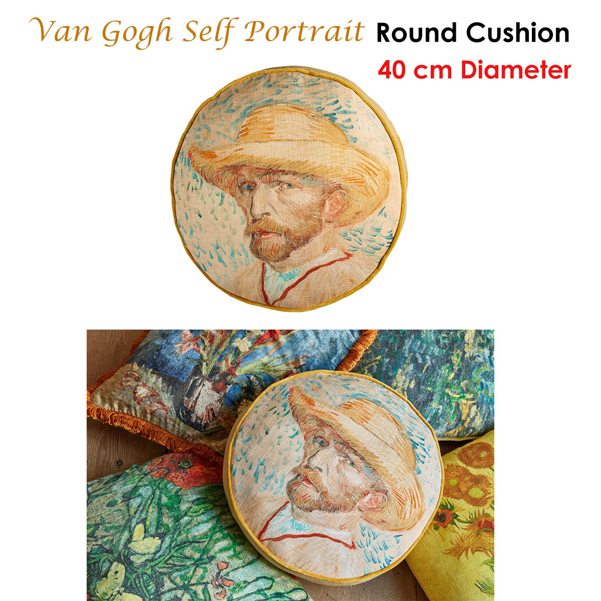 Bedding House Van Gogh Self Portrait Round Cushion featuring a digital print of Van Gogh's self-portrait with pastel tones and velvet cord piping.