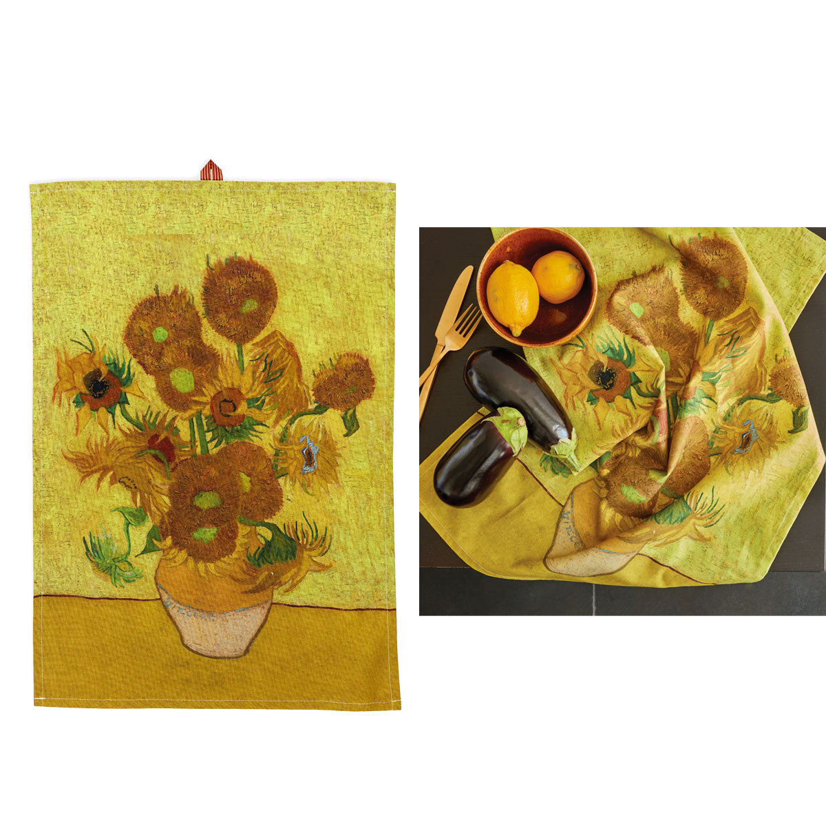 Bedding House Van Gogh Sunflower Yellow Tea Towel featuring vibrant sunflower design in multiple colors.