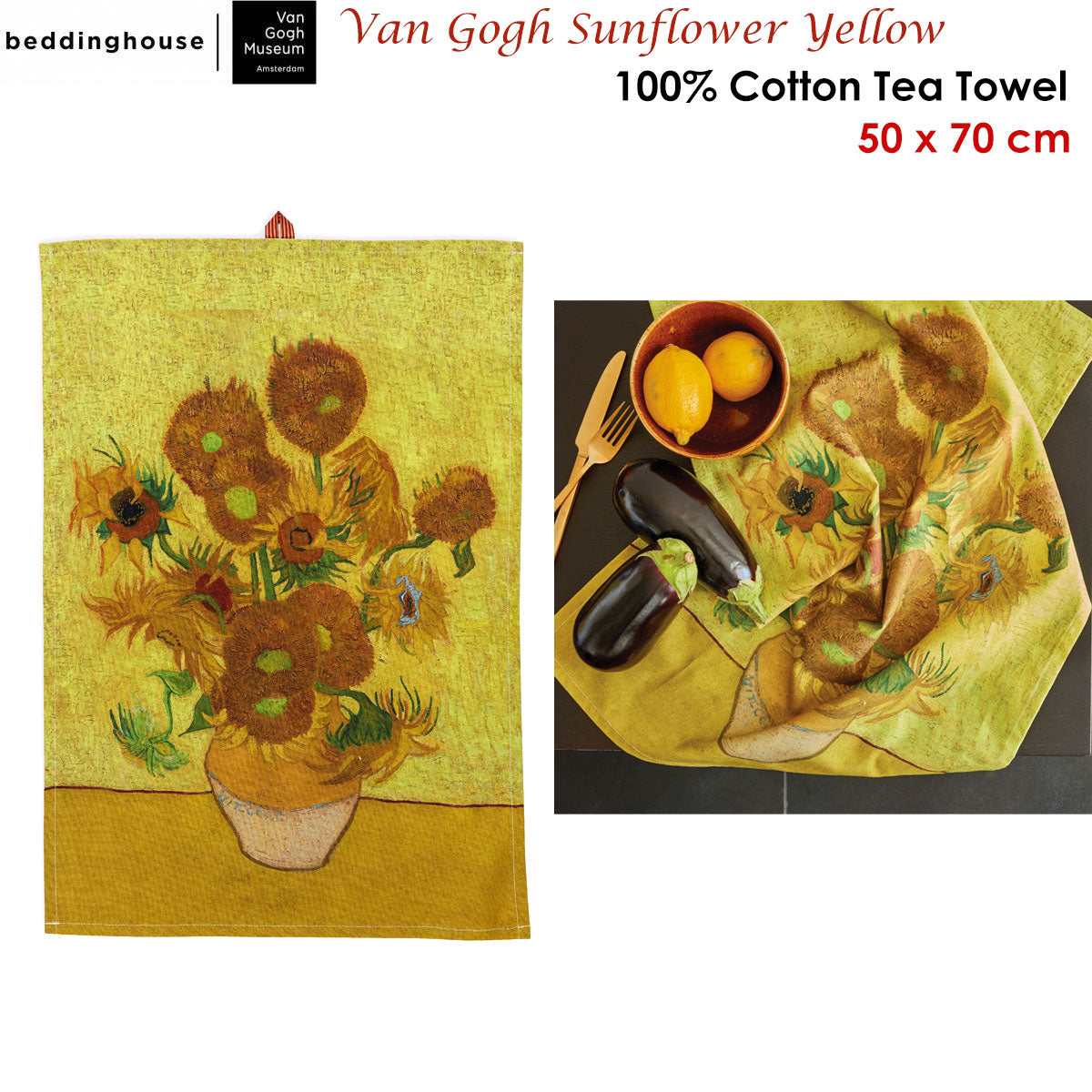 Bedding House Van Gogh Sunflower Yellow Tea Towel featuring vibrant sunflower design in multiple colors.