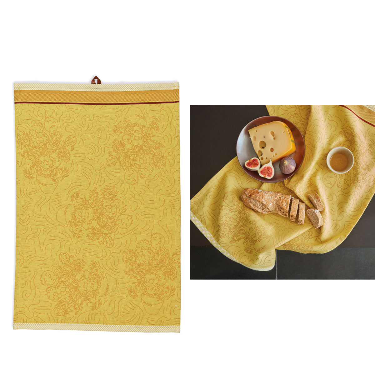 Bedding House Van Gogh Tournesol Yellow Tea Towel featuring a floral design in cream, yellow, orange, and brown colors, measuring 50 x 70 cm.