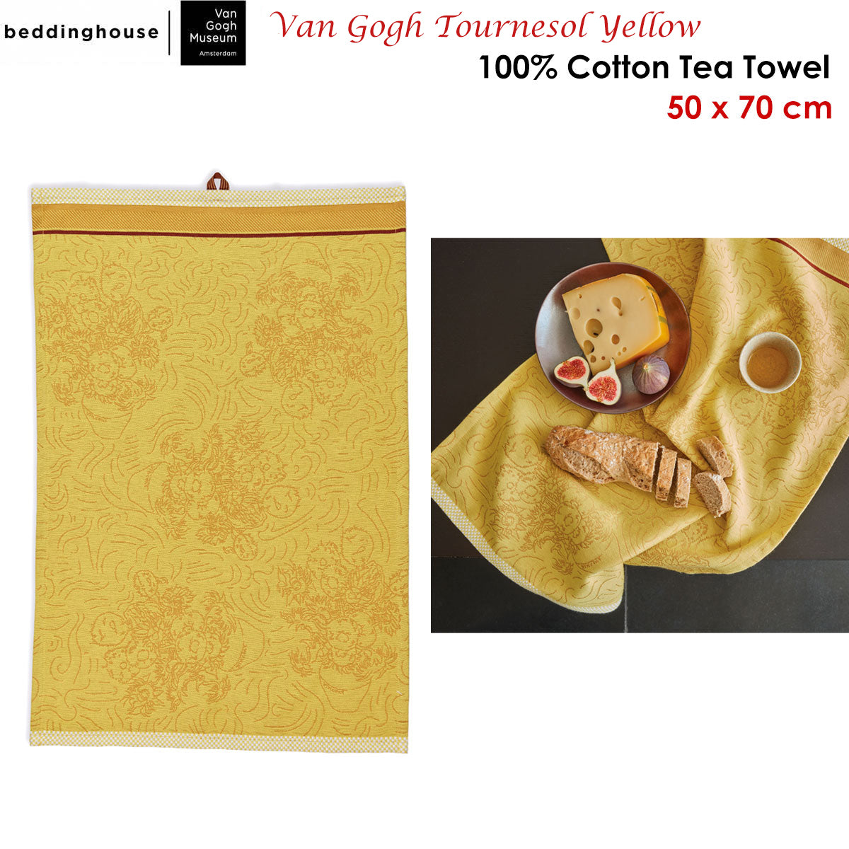 Bedding House Van Gogh Tournesol Yellow Tea Towel featuring a floral design in cream, yellow, orange, and brown colors, measuring 50 x 70 cm.