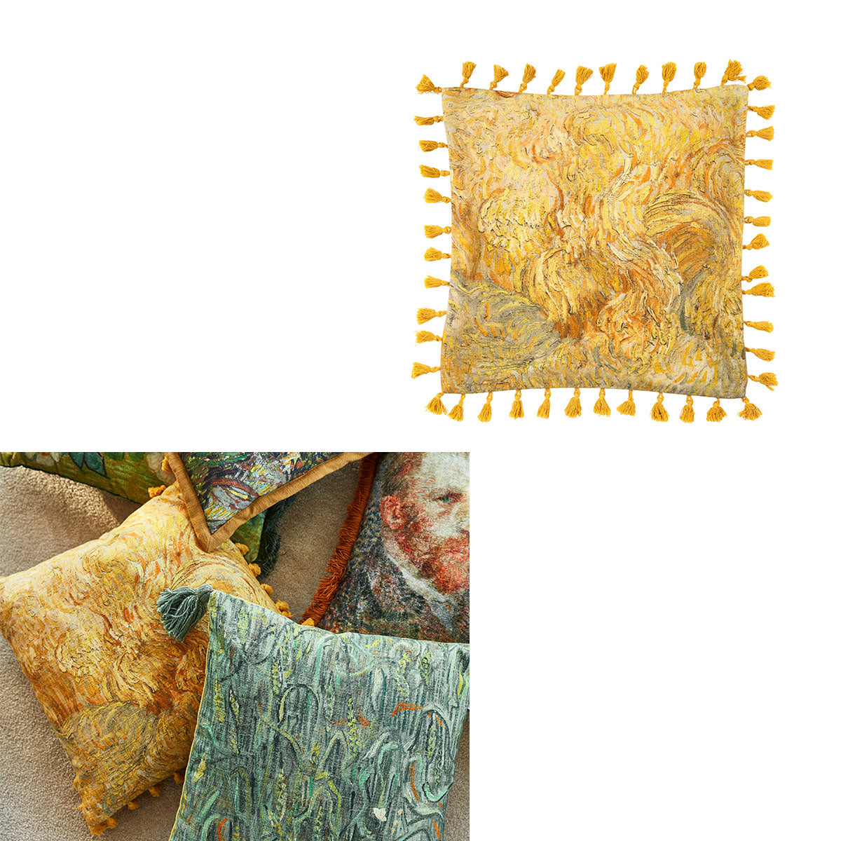 Bedding House Van Gogh Wheatfield Yellow Filled Square Cushion featuring vibrant yellow wheat field design with tassels.