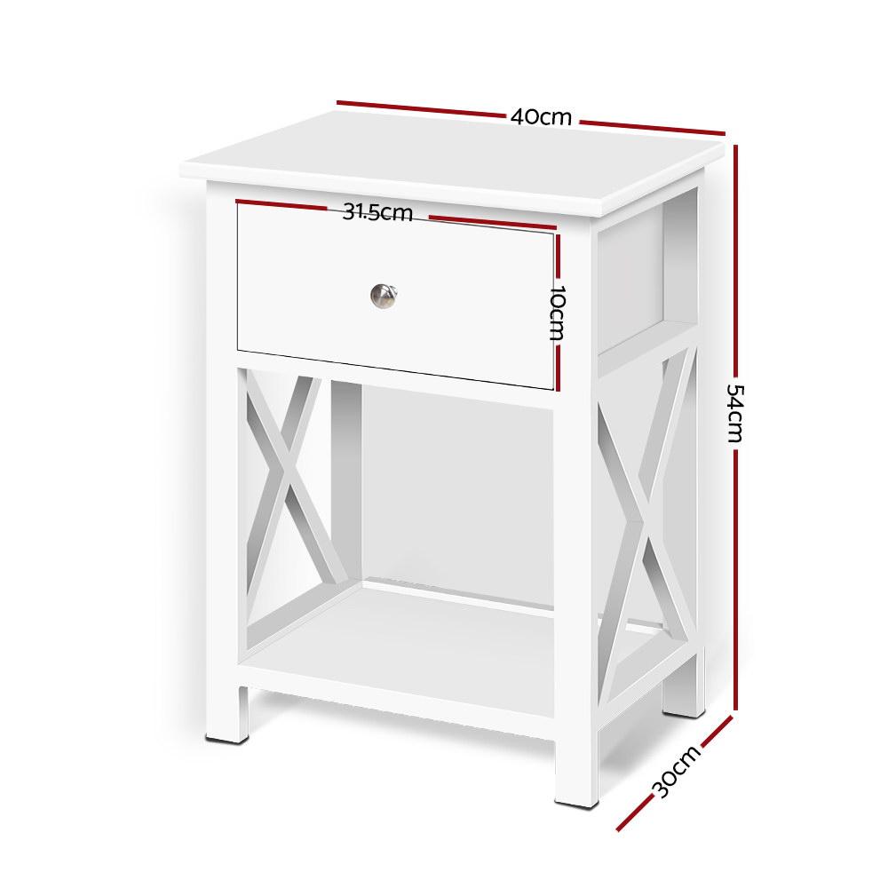 Rustic white wooden bedside table with drawer and shelf, showcasing elegant design and sturdy construction.