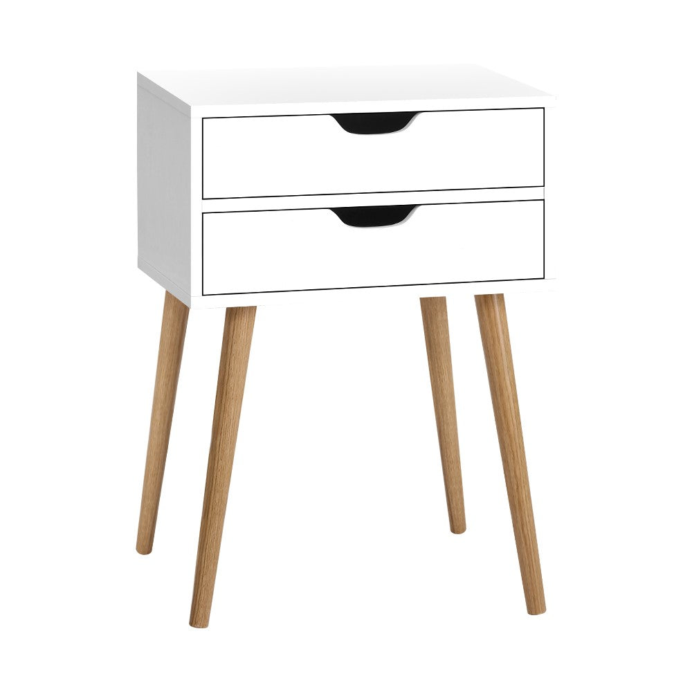 Bodie Bedside Table featuring Scandinavian design with two drawers and splayed legs, finished in white particle board.