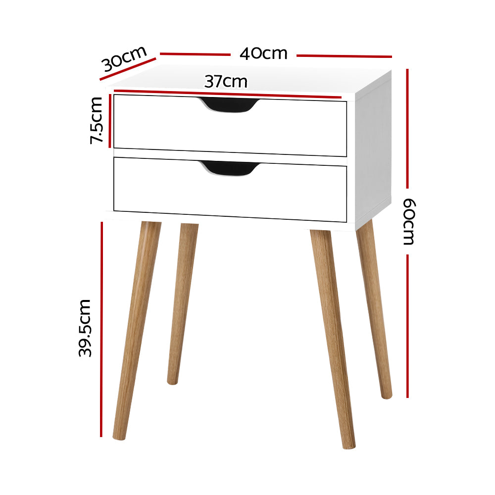 Bodie Bedside Table featuring Scandinavian design with two drawers and splayed legs, finished in white particle board.