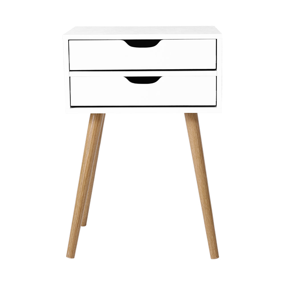 Bodie Bedside Table featuring Scandinavian design with two drawers and splayed legs, finished in white particle board.