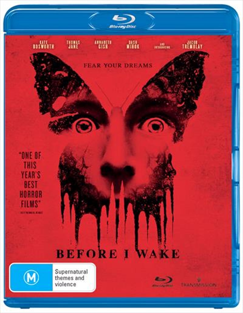 Before I Wake Blu-ray cover featuring a haunting image of a child in a dreamlike state, surrounded by dark and eerie visuals.