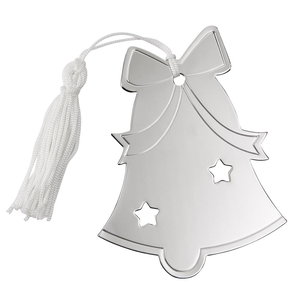 A shiny nickel plated bell ornament with a white tassel, perfect for engraving, displayed in a white gift box.