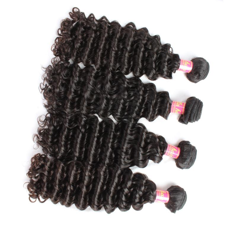 Bella Hair® 8-30 Brazilian Virgin Hair Bundles in deep wave texture, showcasing natural color and high-quality weft construction.