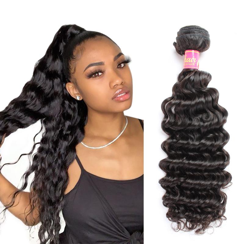 Bella Hair® 8-30 Brazilian Virgin Hair Bundles in deep wave texture, showcasing natural color and high-quality weft construction.