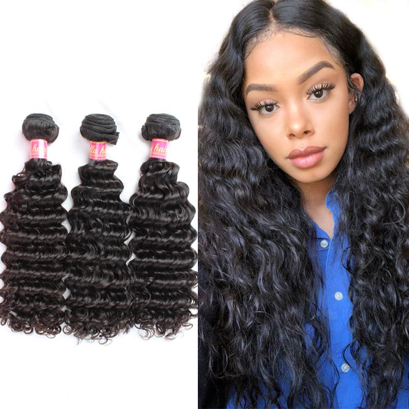 Bella Hair® 8-30 Brazilian Virgin Hair Bundles in deep wave texture, showcasing natural color and high-quality weft construction.