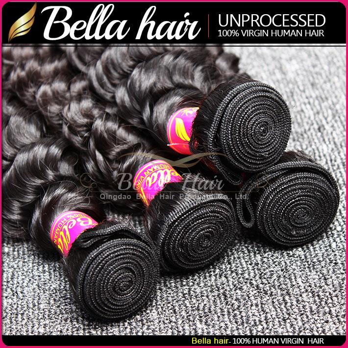 Bella Hair® 8-30 Brazilian Virgin Hair Bundles in deep wave texture, showcasing natural color and high-quality weft construction.