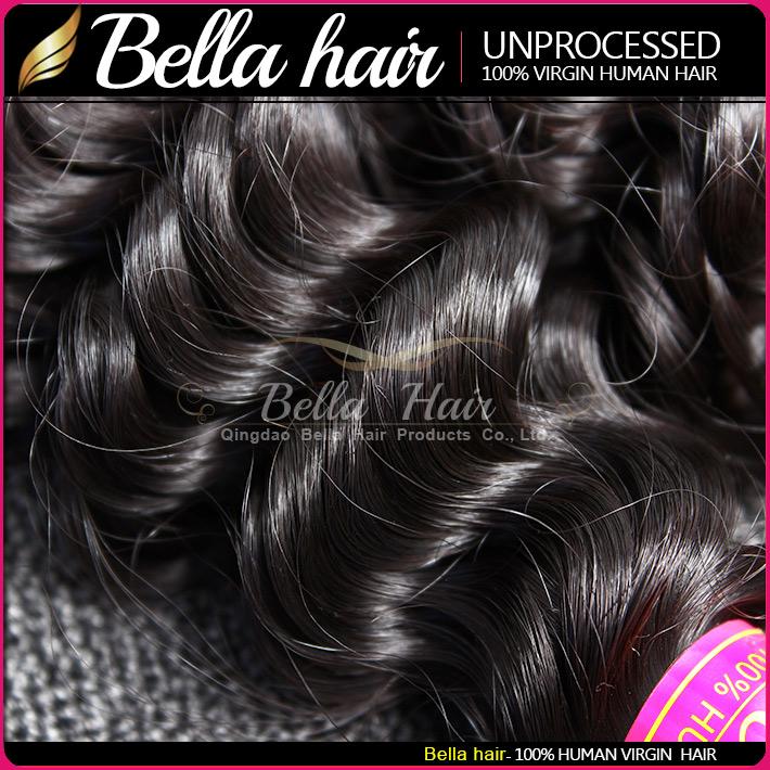 Bella Hair® 8-30 Brazilian Virgin Hair Bundles in deep wave texture, showcasing natural color and high-quality weft construction.