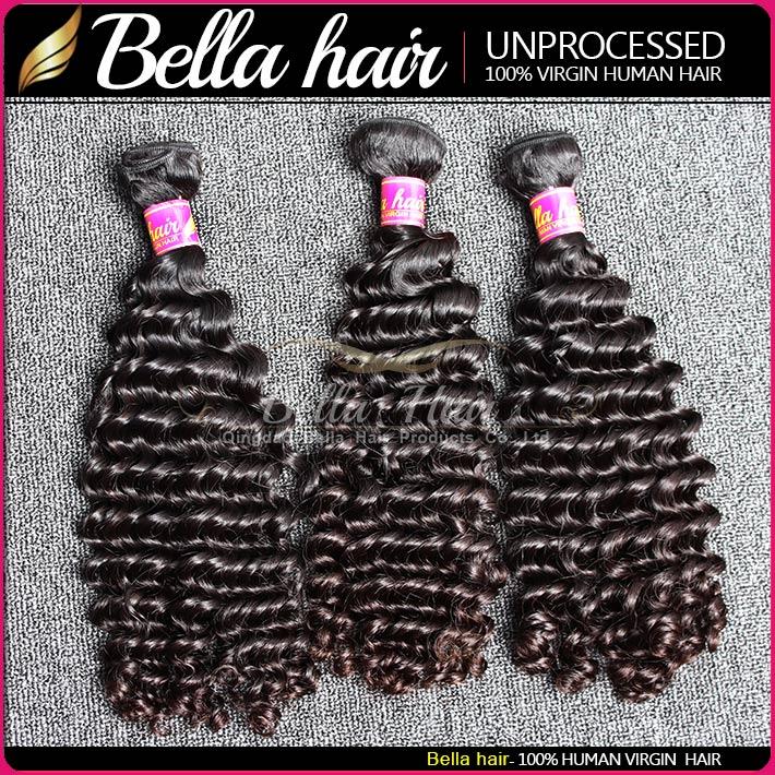 Bella Hair® 8-30 Brazilian Virgin Hair Bundles in deep wave texture, showcasing natural color and high-quality weft construction.