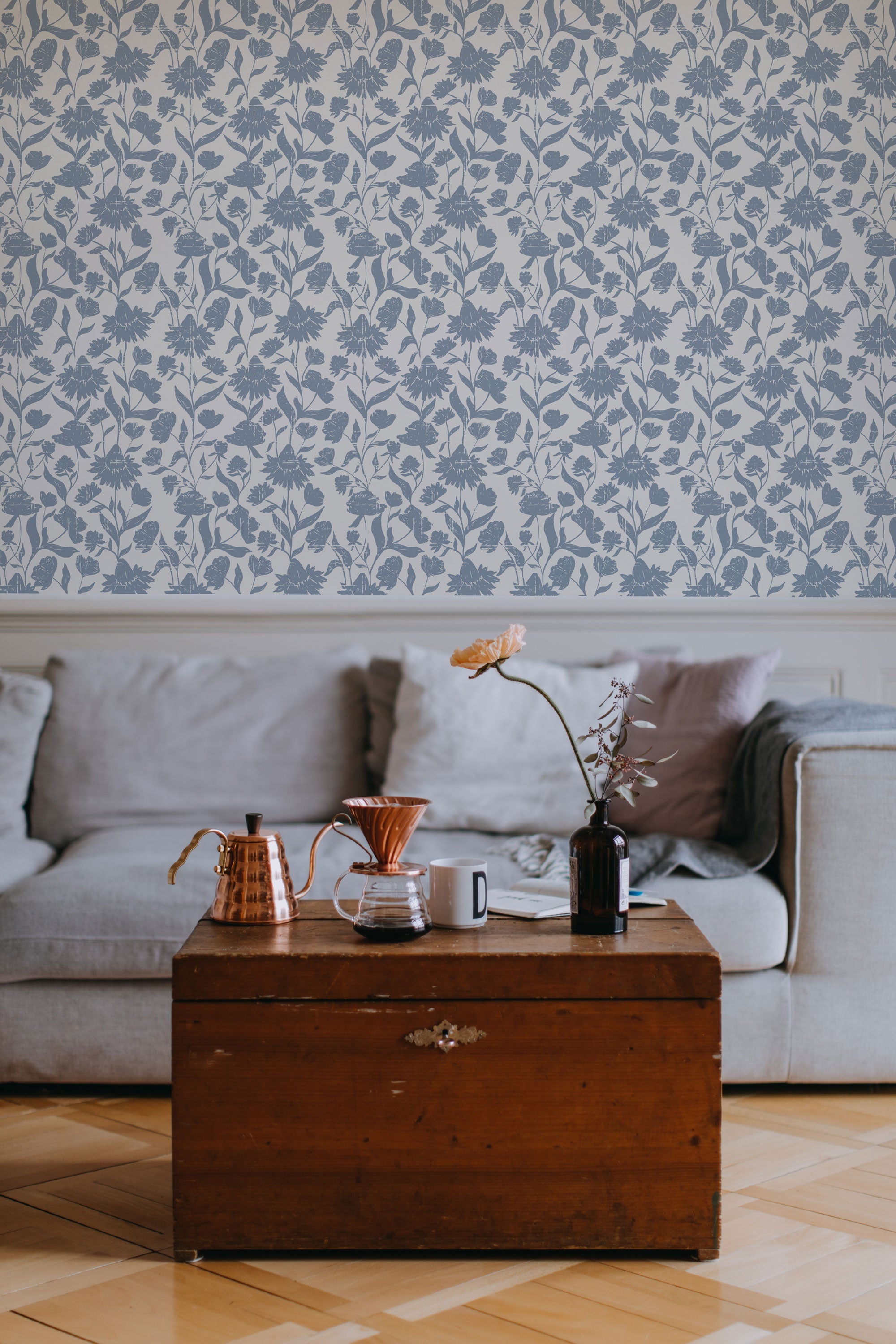 Belle Wallpaper in Powder Blue featuring a modern design, perfect for home decor.