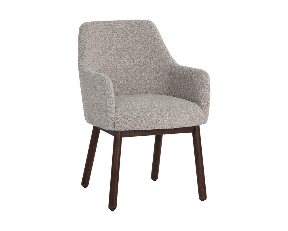 Belen Dining Armchair in Altro Cappuccino featuring boucle fabric seat and dark walnut beech timber legs.