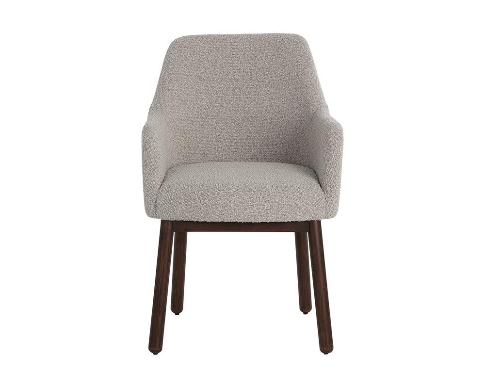 Belen Dining Armchair in Altro Cappuccino featuring boucle fabric seat and dark walnut beech timber legs.