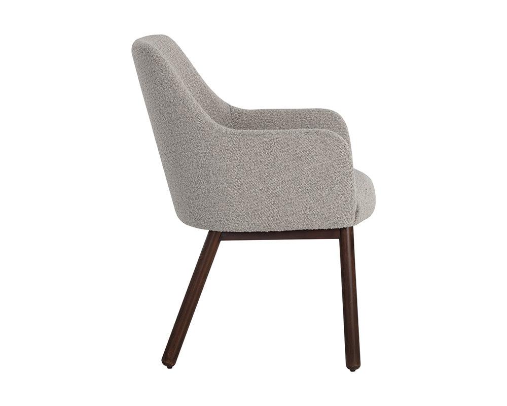 Belen Dining Armchair in Altro Cappuccino featuring boucle fabric seat and dark walnut beech timber legs.