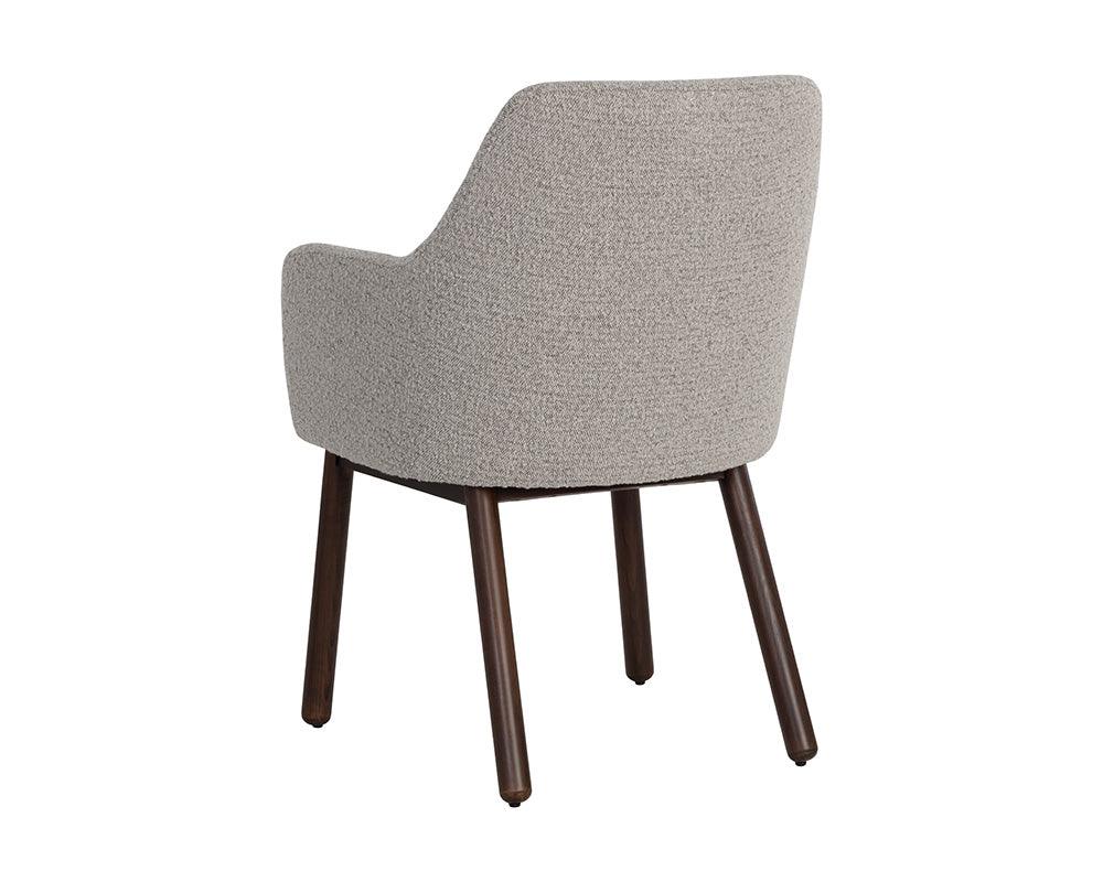 Belen Dining Armchair in Altro Cappuccino featuring boucle fabric seat and dark walnut beech timber legs.