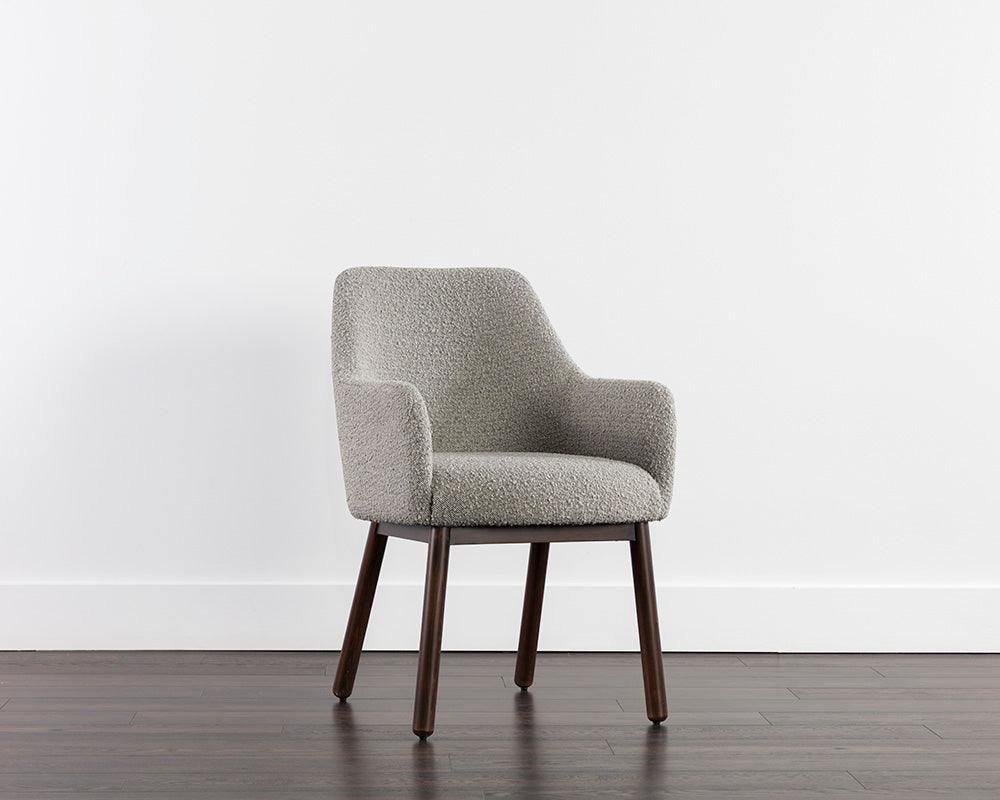 Belen Dining Armchair in Altro Cappuccino featuring boucle fabric seat and dark walnut beech timber legs.