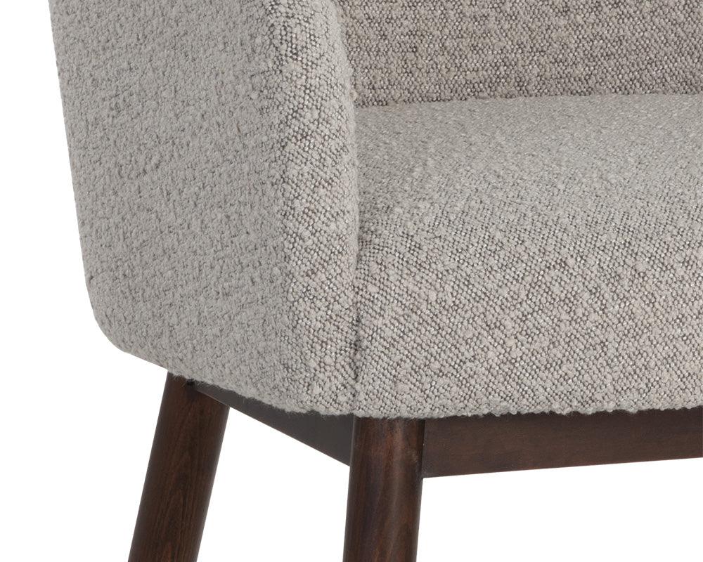 Belen Dining Armchair in Altro Cappuccino featuring boucle fabric seat and dark walnut beech timber legs.