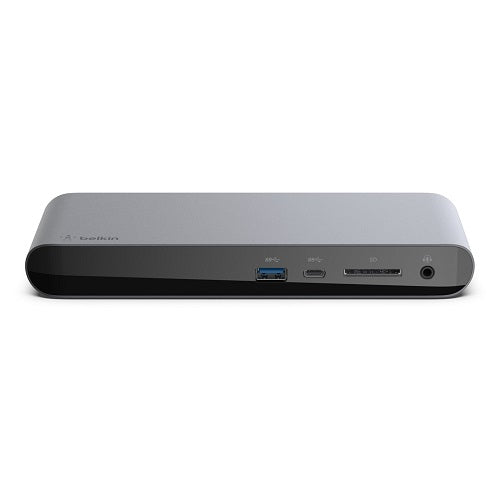 Belkin Thunderbolt 3 Dock Pro in grey, featuring multiple ports for connectivity and dual 4K display support.