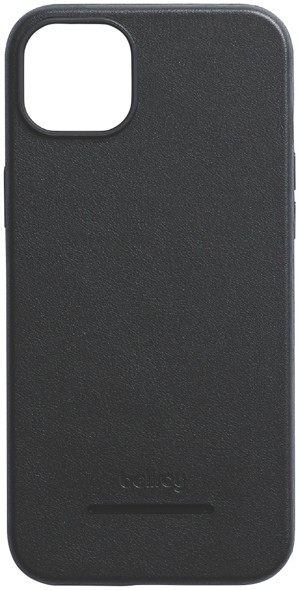 Bellroy iPhone 14 Plus Leather Mag case in black, showcasing premium leather and sleek design.