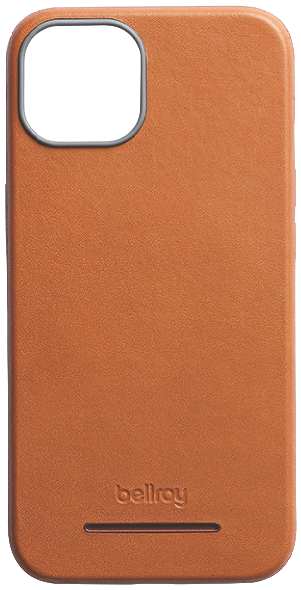 Bellroy iPhone 14 Plus Leather Mod Mag Terra case in terracotta color, showcasing premium leather design.