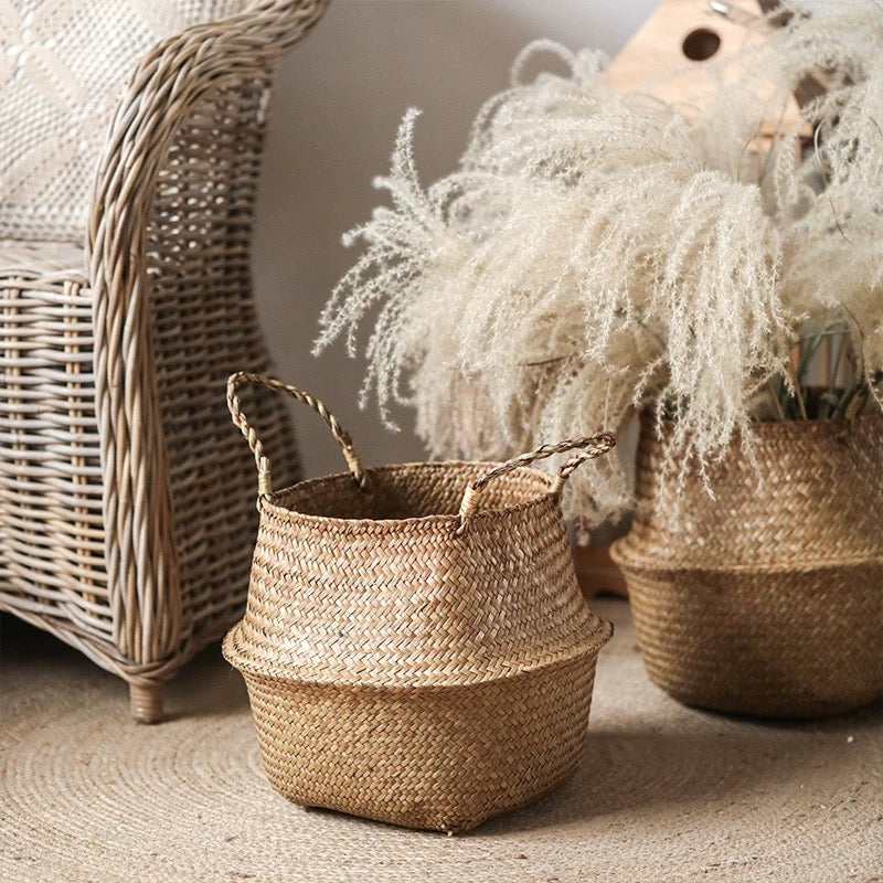 Belly Basket Seagrass Basket with twin handles in natural color, showcasing its stylish design and eco-friendly material.