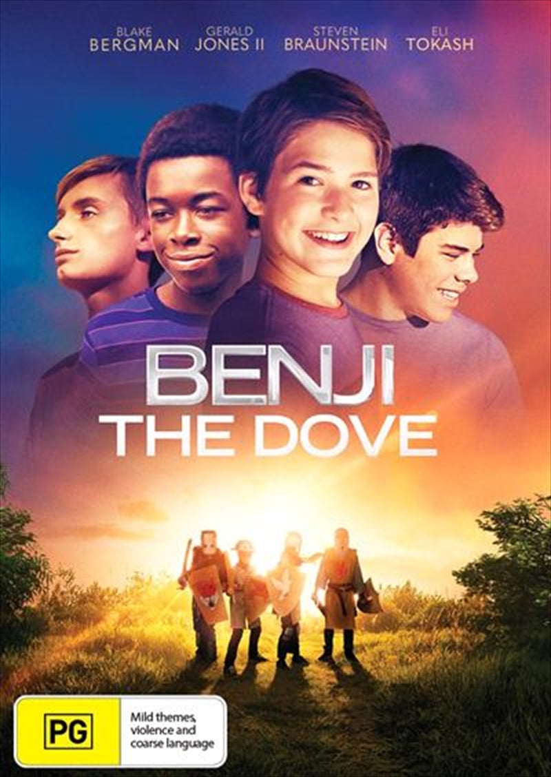 Benji The Dove DVD cover featuring four boys in a fantasy setting, symbolizing friendship and adventure.