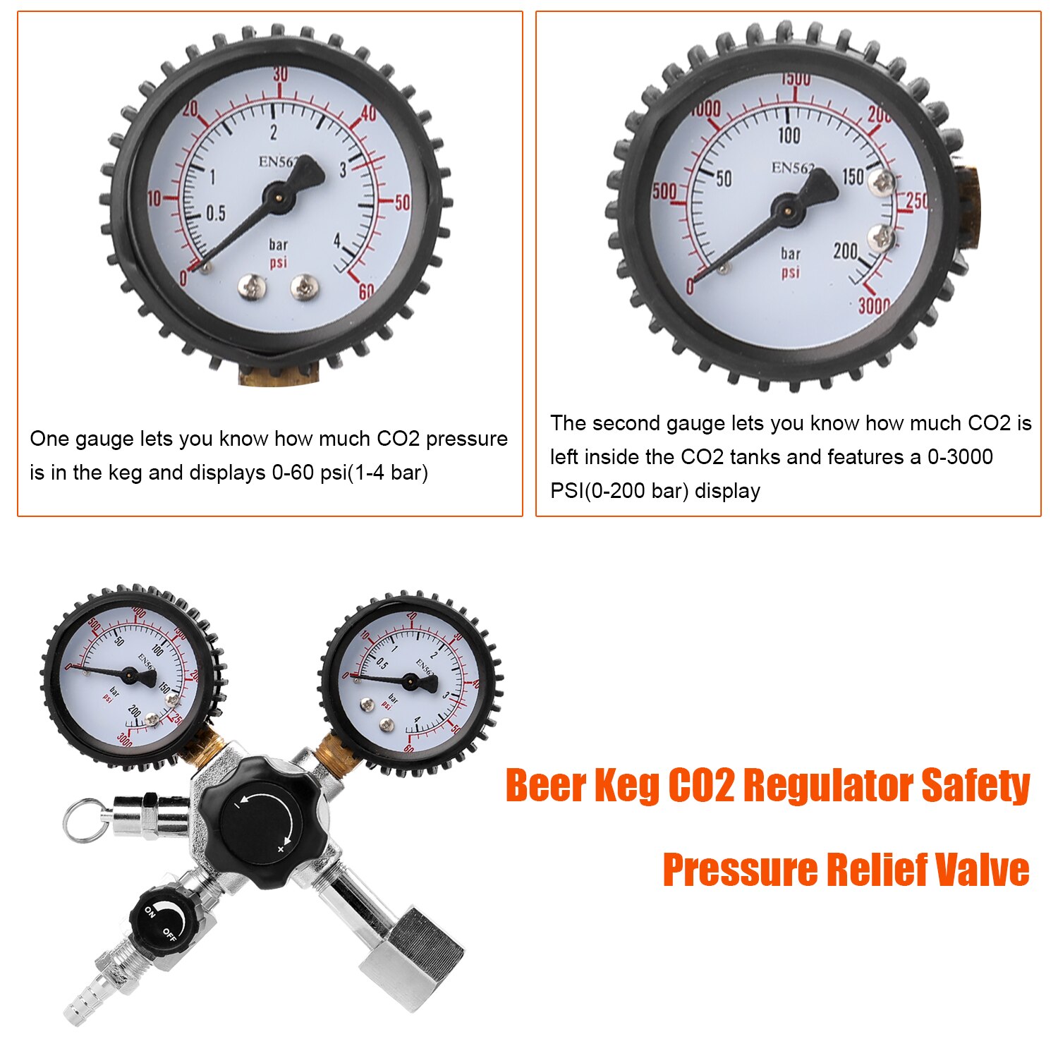 Beer CO2 Keg Regulator Safety Pressure Relief Valve designed for 0-3000 PSI tanks, made of stainless steel for durability and safety.