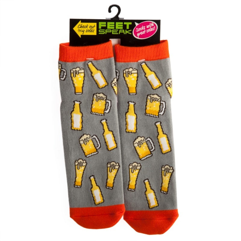 Colorful Beer Feet Speak Socks featuring beer prints and 'BRING BEER' text on the soles, perfect for beer lovers.