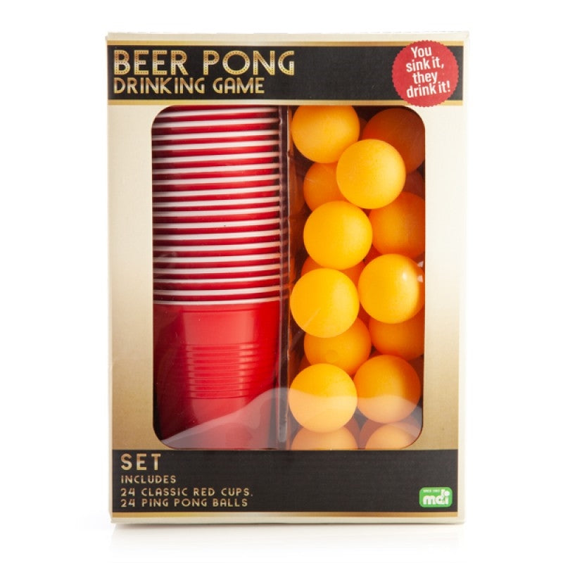 Beer Pong Drinking Game Set featuring 24 red cups and 24 ping pong balls, perfect for parties and gatherings.