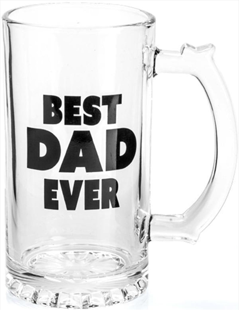 A quality glass beer stein with a bold black 'Best Dad Ever' decal, featuring a sturdy handle and thumb rest.